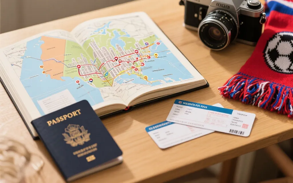 世界杯观赛旅行路线的地图与行李、围巾等元素的静物画面